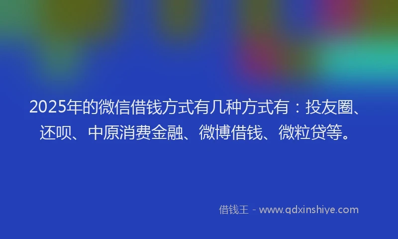 2025年的微信借钱方式有几种方式有：投友圈、还呗、中原消费金融、微博借钱、微粒贷等。