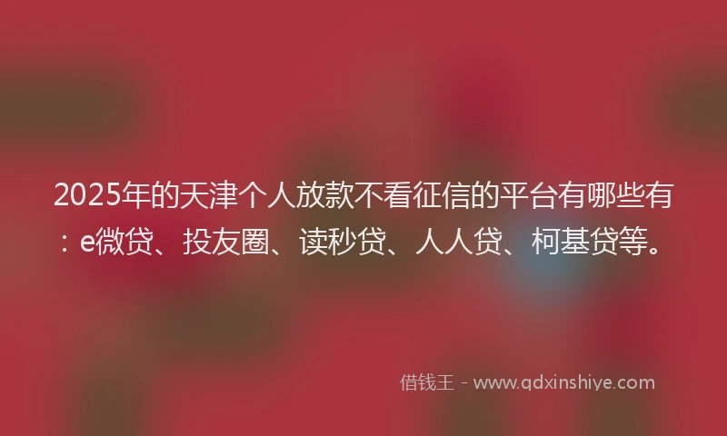 2025年的天津个人放款不看征信的平台有哪些有：e微贷、投友圈、读秒贷、人人贷、柯基贷等。