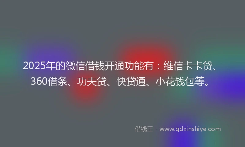 2025年的微信借钱开通功能有：维信卡卡贷、360借条、功夫贷、快贷通、小花钱包等。