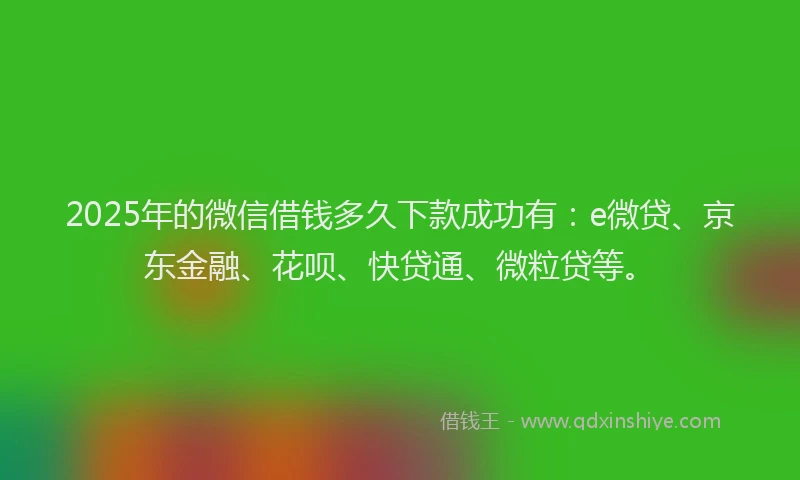2025年的微信借钱多久下款成功有：e微贷、京东金融、花呗、快贷通、微粒贷等。