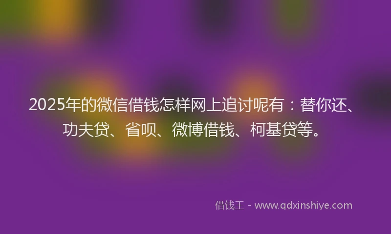 2025年的微信借钱怎样网上追讨呢有：替你还、功夫贷、省呗、微博借钱、柯基贷等。