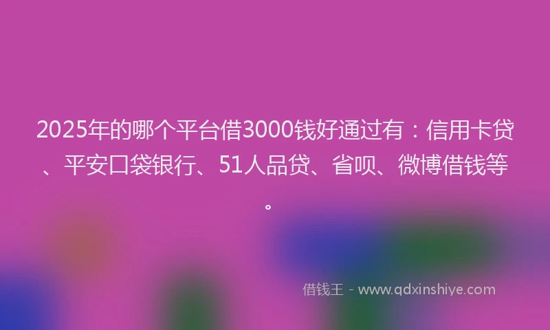 2025年的哪个平台借3000钱好通过有：信用卡贷、平安口袋银行、51人品贷、省呗、微博借钱等。