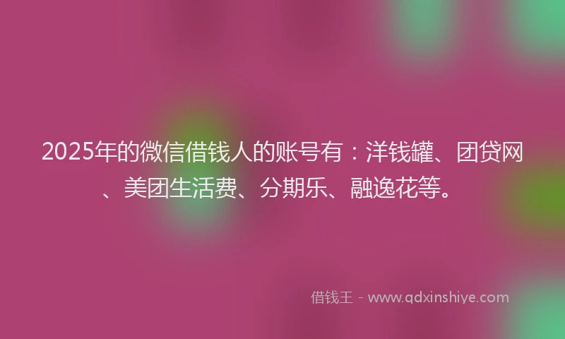 2025年的微信借钱人的账号有：洋钱罐、团贷网、美团生活费、分期乐、融逸花等。