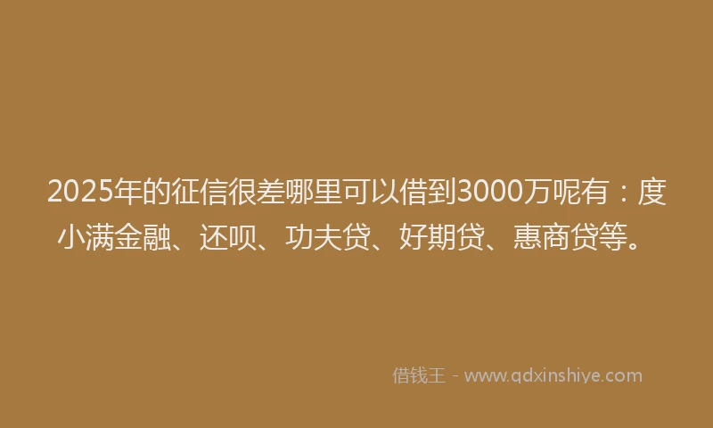 2025年的征信很差哪里可以借到3000万呢有：度小满金融、还呗、功夫贷、好期贷、惠商贷等。