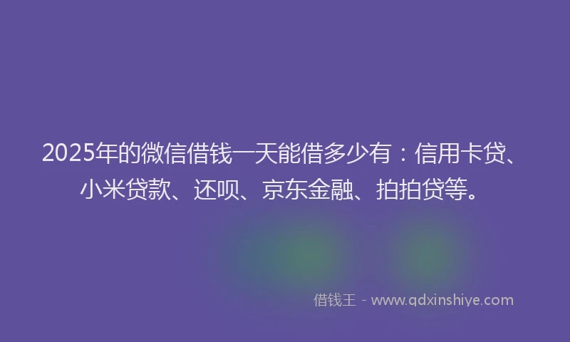2025年的微信借钱一天能借多少有：信用卡贷、小米贷款、还呗、京东金融、拍拍贷等。