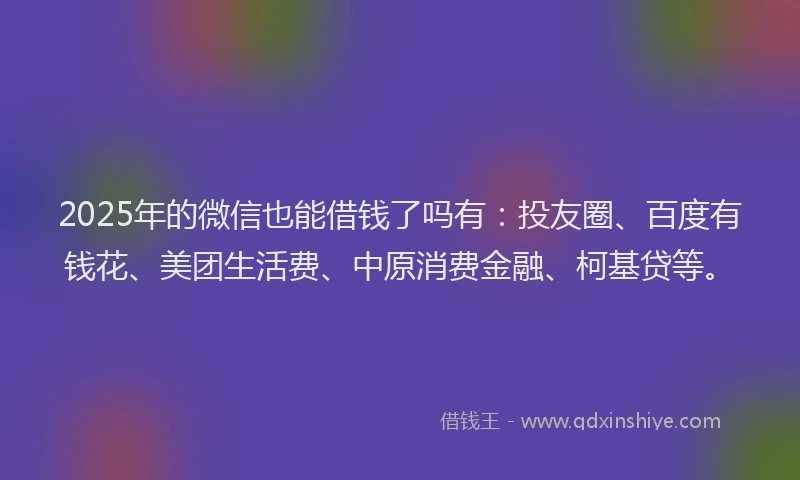 2025年的微信也能借钱了吗有：投友圈、百度有钱花、美团生活费、中原消费金融、柯基贷等。