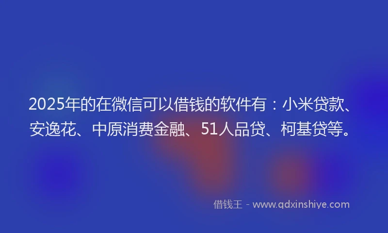 2025年的在微信可以借钱的软件有：小米贷款、安逸花、中原消费金融、51人品贷、柯基贷等。