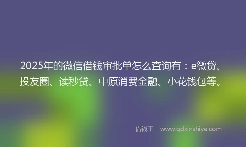 2025年的微信借钱审批单怎么查询有：e微贷、投友圈、读秒贷、中原消费金融、小花钱包等。