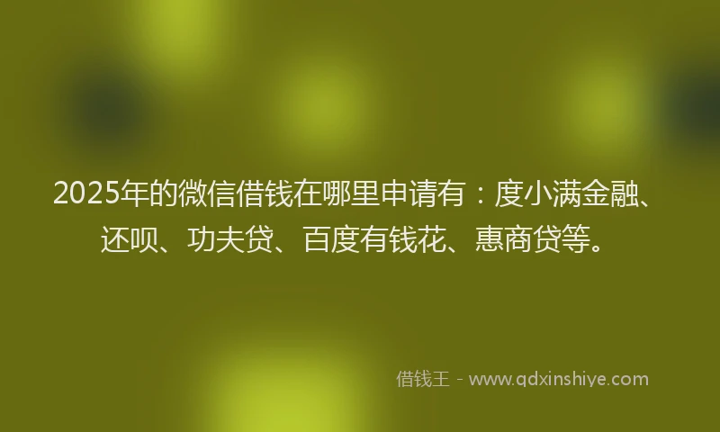 2025年的微信借钱在哪里申请有：度小满金融、还呗、功夫贷、百度有钱花、惠商贷等。