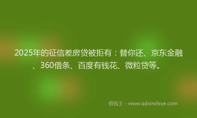 2025年的征信差房贷被拒有：替你还、京东金融、360借条、百度有钱花、微粒贷等。