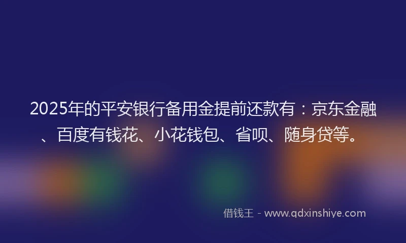 2025年的平安银行备用金提前还款有：京东金融、百度有钱花、小花钱包、省呗、随身贷等。