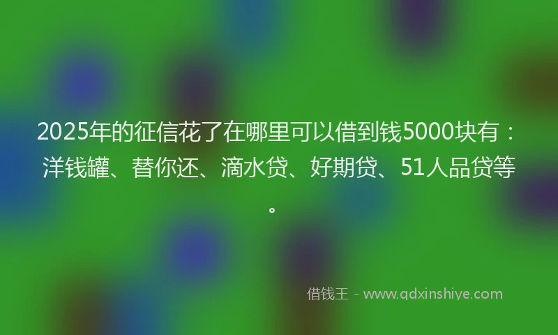 2025年的征信花了在哪里可以借到钱5000块有：洋钱罐、替你还、滴水贷、好期贷、51人品贷等。