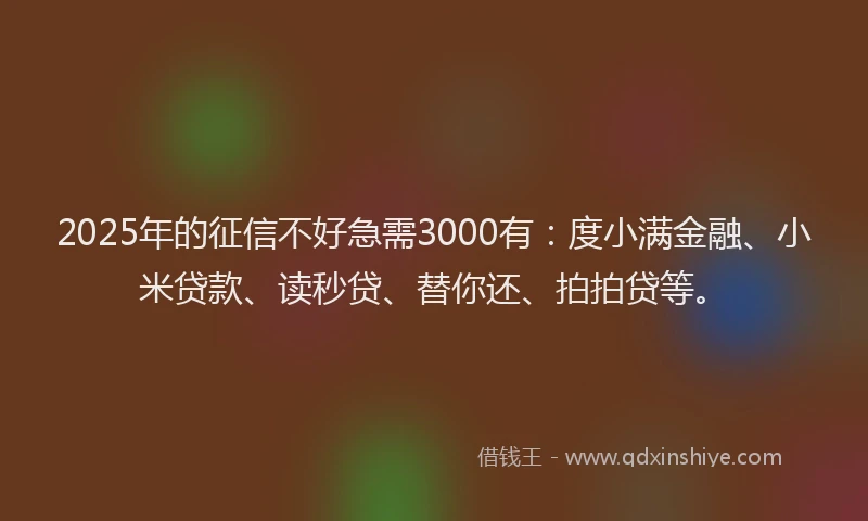 2025年的征信不好急需3000有：度小满金融、小米贷款、读秒贷、替你还、拍拍贷等。