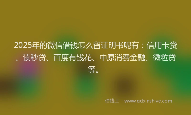 2025年的微信借钱怎么留证明书呢有：信用卡贷、读秒贷、百度有钱花、中原消费金融、微粒贷等。