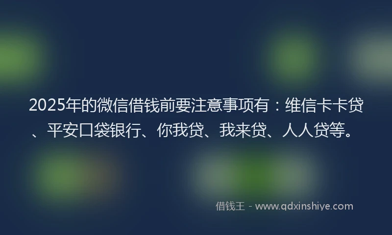2025年的微信借钱前要注意事项有：维信卡卡贷、平安口袋银行、你我贷、我来贷、人人贷等。