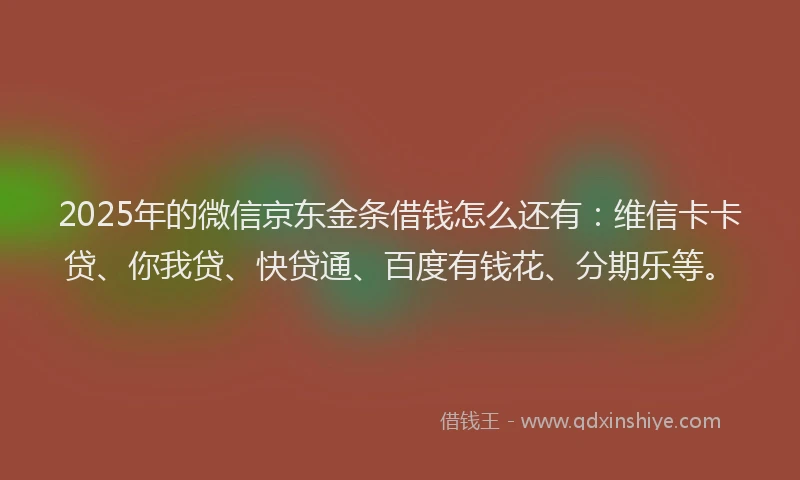2025年的微信京东金条借钱怎么还有：维信卡卡贷、你我贷、快贷通、百度有钱花、分期乐等。
