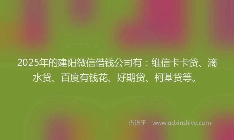 2025年的建阳微信借钱公司有：维信卡卡贷、滴水贷、百度有钱花、好期贷、柯基贷等。
