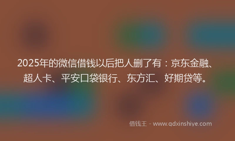 2025年的微信借钱以后把人删了有：京东金融、超人卡、平安口袋银行、东方汇、好期贷等。