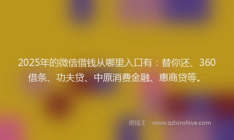 2025年的微信借钱从哪里入口有：替你还、360借条、功夫贷、中原消费金融、惠商贷等。