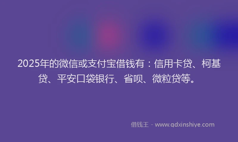 2025年的微信或支付宝借钱有：信用卡贷、柯基贷、平安口袋银行、省呗、微粒贷等。