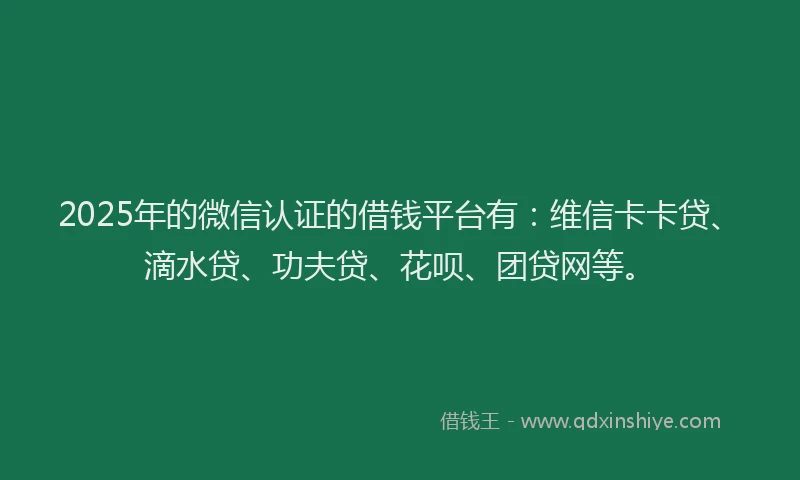 2025年的微信认证的借钱平台有：维信卡卡贷、滴水贷、功夫贷、花呗、团贷网等。