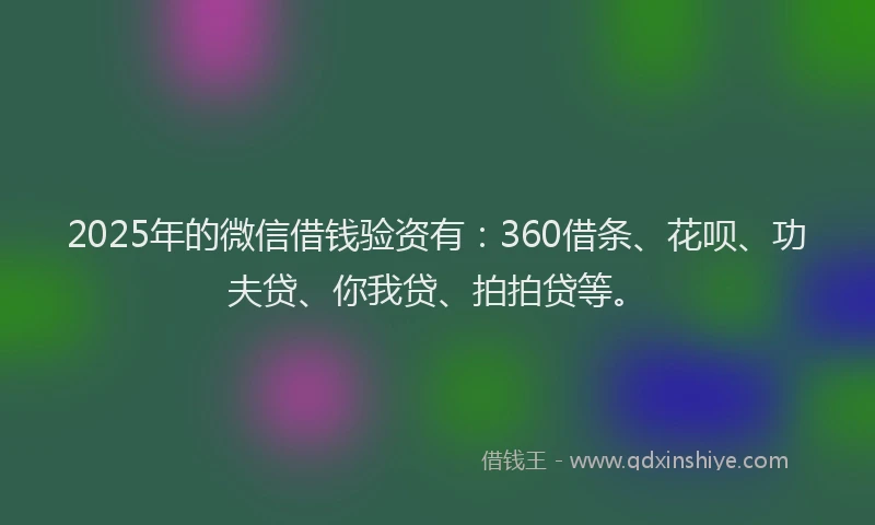 2025年的微信借钱验资有：360借条、花呗、功夫贷、你我贷、拍拍贷等。