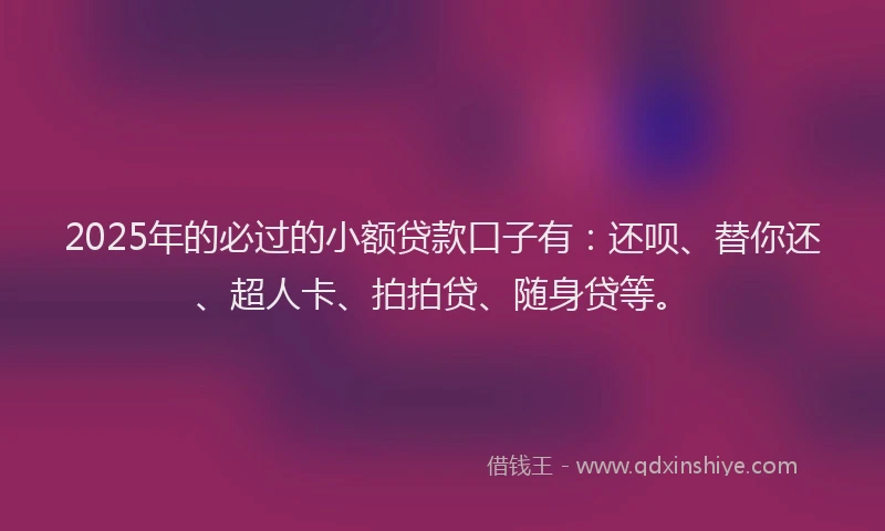 2025年的必过的小额贷款口子有：还呗、替你还、超人卡、拍拍贷、随身贷等。