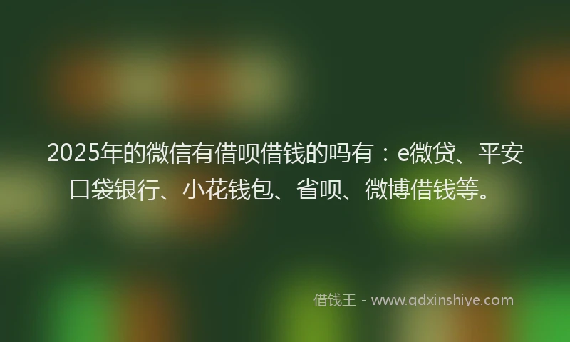 2025年的微信有借呗借钱的吗有：e微贷、平安口袋银行、小花钱包、省呗、微博借钱等。