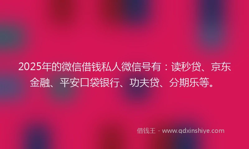 2025年的微信借钱私人微信号有：读秒贷、京东金融、平安口袋银行、功夫贷、分期乐等。