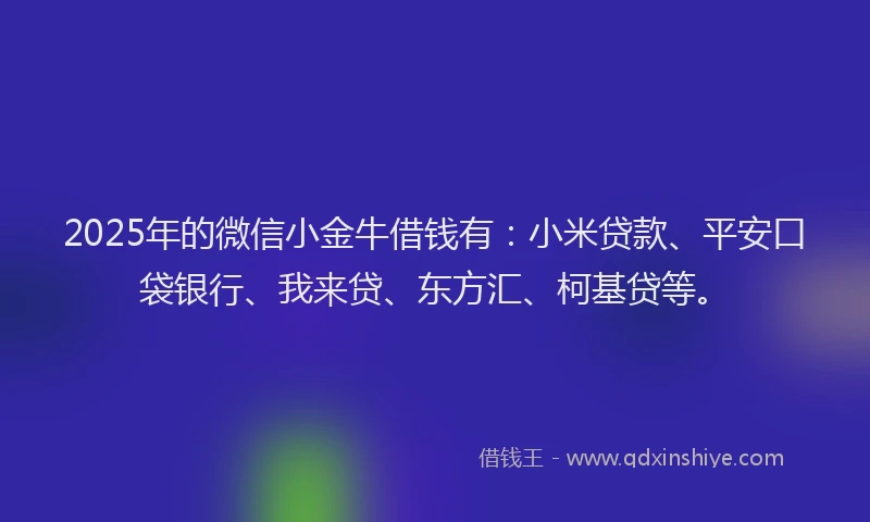 2025年的微信小金牛借钱有：小米贷款、平安口袋银行、我来贷、东方汇、柯基贷等。