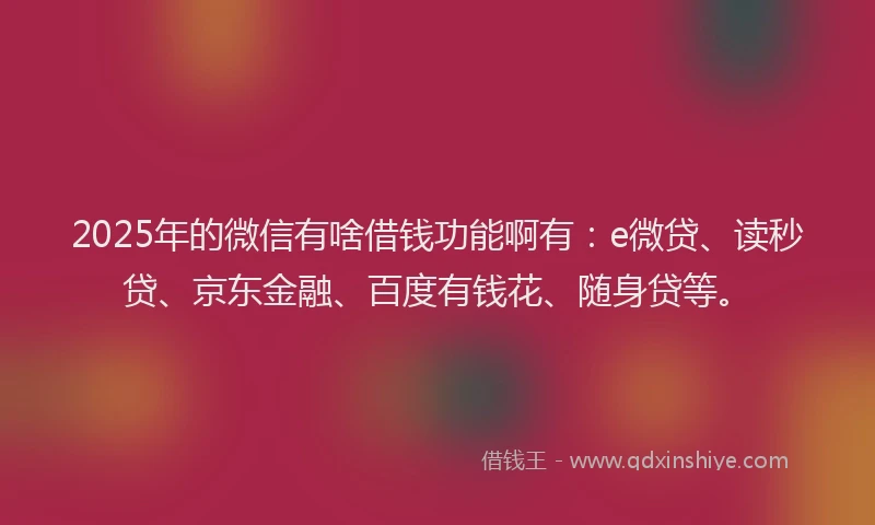 2025年的微信有啥借钱功能啊有：e微贷、读秒贷、京东金融、百度有钱花、随身贷等。