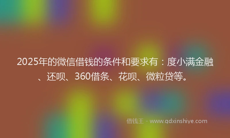 2025年的微信借钱的条件和要求有：度小满金融、还呗、360借条、花呗、微粒贷等。