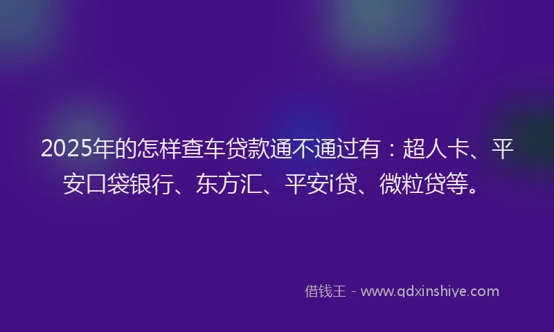 2025年的怎样查车贷款通不通过有：超人卡、平安口袋银行、东方汇、平安i贷、微粒贷等。