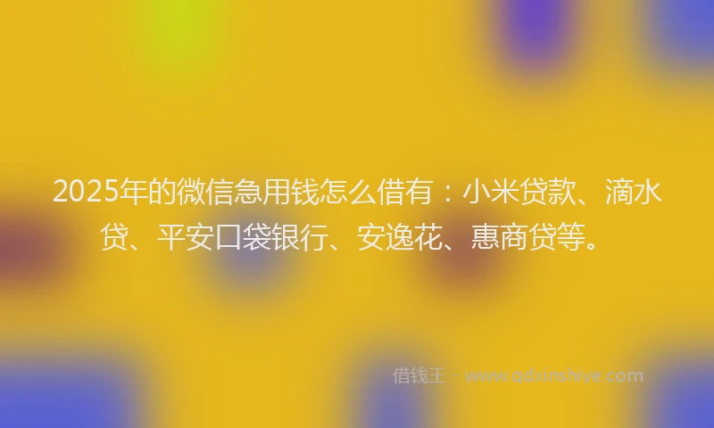 2025年的微信急用钱怎么借有：小米贷款、滴水贷、平安口袋银行、安逸花、惠商贷等。