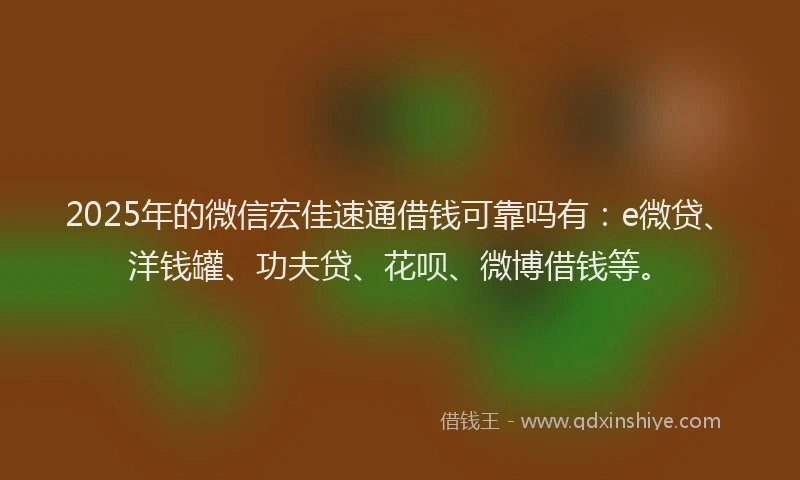 2025年的微信宏佳速通借钱可靠吗有：e微贷、洋钱罐、功夫贷、花呗、微博借钱等。