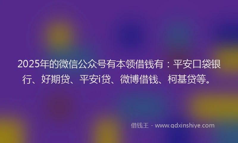 2025年的微信公众号有本领借钱有：平安口袋银行、好期贷、平安i贷、微博借钱、柯基贷等。