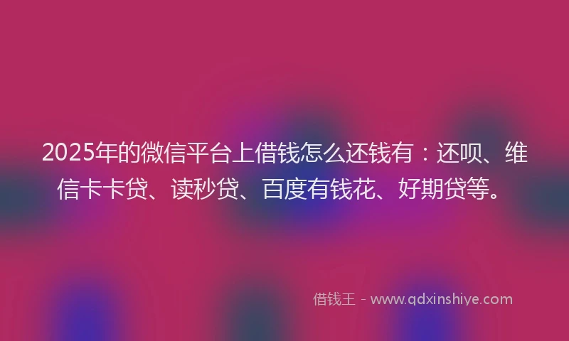 2025年的微信平台上借钱怎么还钱有：还呗、维信卡卡贷、读秒贷、百度有钱花、好期贷等。