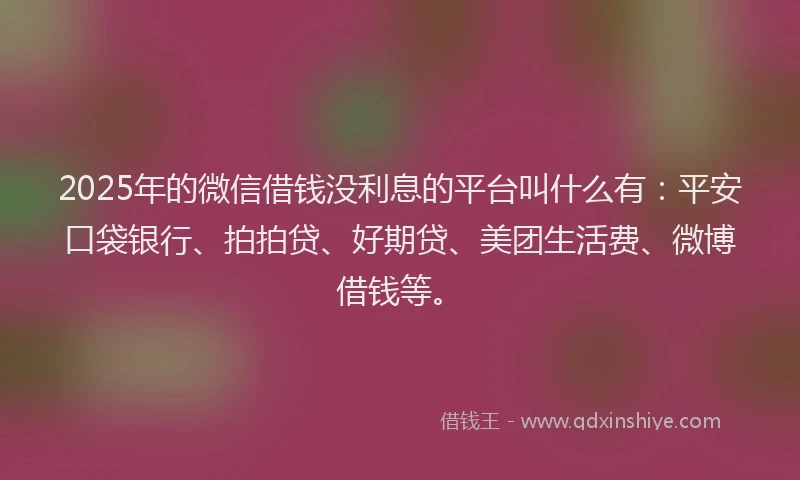 2025年的微信借钱没利息的平台叫什么有：平安口袋银行、拍拍贷、好期贷、美团生活费、微博借钱等。