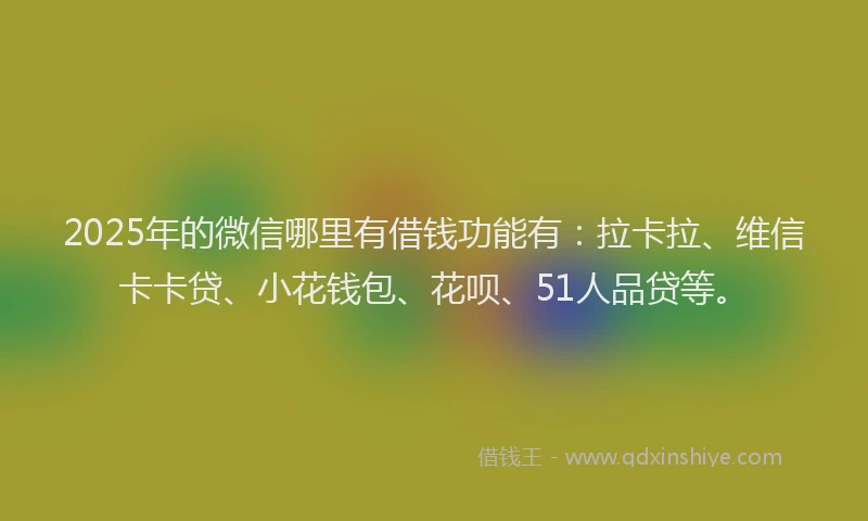 2025年的微信哪里有借钱功能有：拉卡拉、维信卡卡贷、小花钱包、花呗、51人品贷等。
