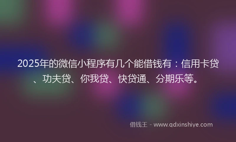 2025年的微信小程序有几个能借钱有：信用卡贷、功夫贷、你我贷、快贷通、分期乐等。