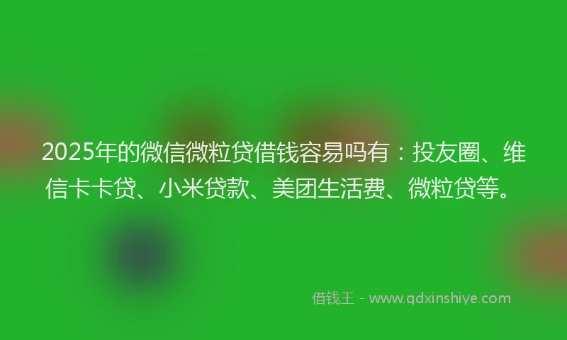 2025年的微信微粒贷借钱容易吗有：投友圈、维信卡卡贷、小米贷款、美团生活费、微粒贷等。