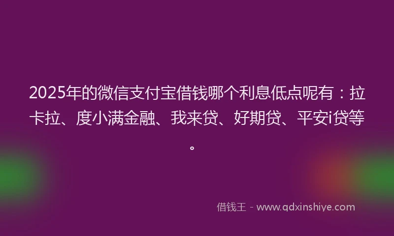 2025年的微信支付宝借钱哪个利息低点呢有：拉卡拉、度小满金融、我来贷、好期贷、平安i贷等。