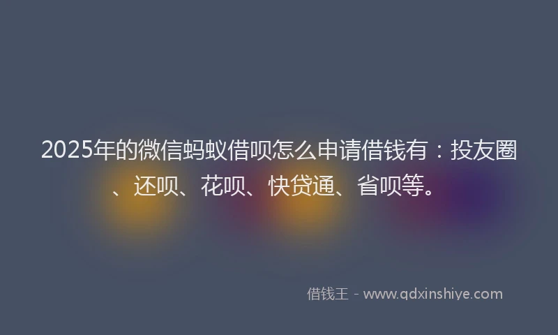 2025年的微信蚂蚁借呗怎么申请借钱有：投友圈、还呗、花呗、快贷通、省呗等。