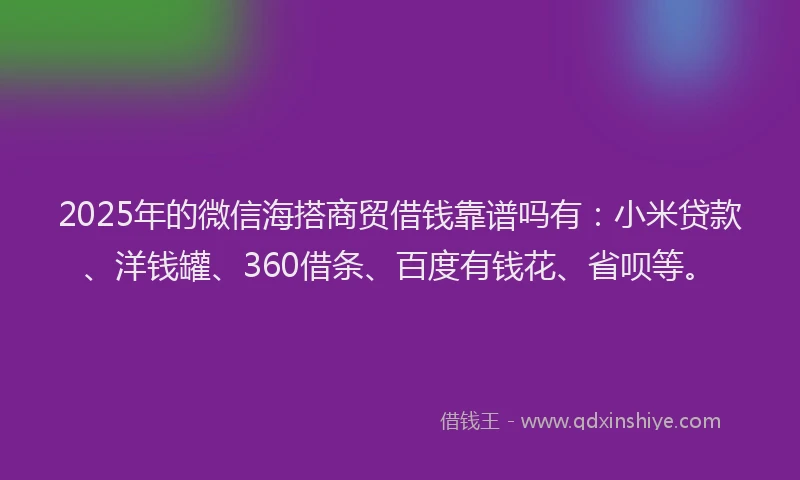 2025年的微信海搭商贸借钱靠谱吗有：小米贷款、洋钱罐、360借条、百度有钱花、省呗等。