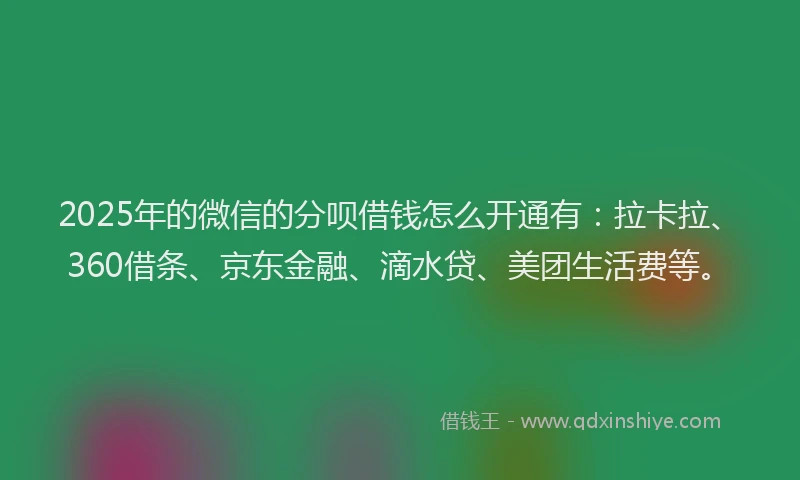2025年的微信的分呗借钱怎么开通有：拉卡拉、360借条、京东金融、滴水贷、美团生活费等。