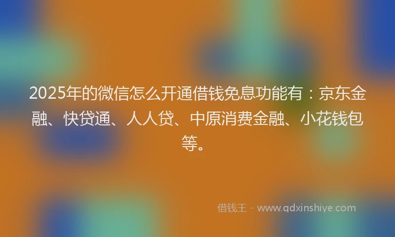 2025年的微信怎么开通借钱免息功能有：京东金融、快贷通、人人贷、中原消费金融、小花钱包等。