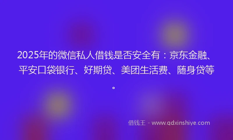 2025年的微信私人借钱是否安全有：京东金融、平安口袋银行、好期贷、美团生活费、随身贷等。