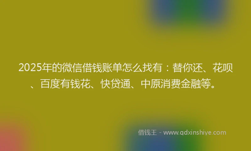 2025年的微信借钱账单怎么找有：替你还、花呗、百度有钱花、快贷通、中原消费金融等。