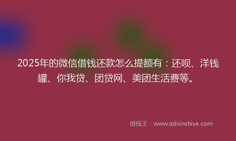 2025年的微信借钱还款怎么提额有：还呗、洋钱罐、你我贷、团贷网、美团生活费等。
