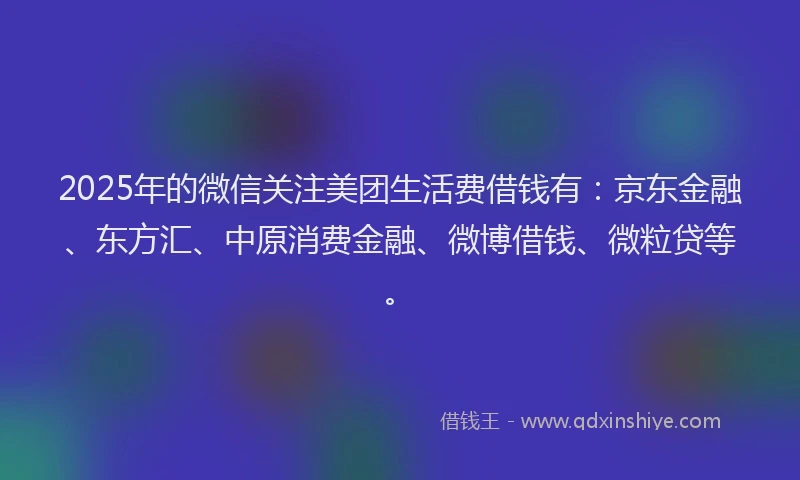 2025年的微信关注美团生活费借钱有：京东金融、东方汇、中原消费金融、微博借钱、微粒贷等。